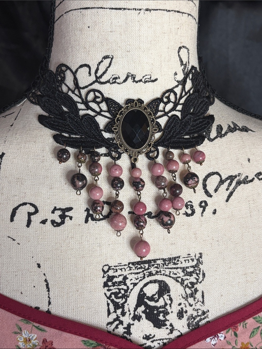 DARK ROMANTIC Genuine Rhodonite Lace Choker Handmade Whimsigoth Victorian Boho